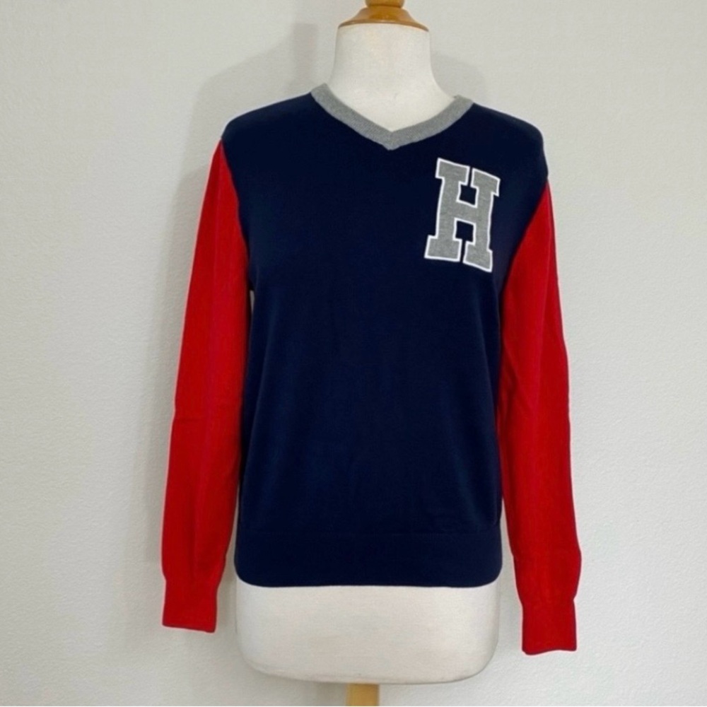 Tommy Hilfiger Women Navy Red Collegiate Americana Knit V Neck Cotton Sweater XS